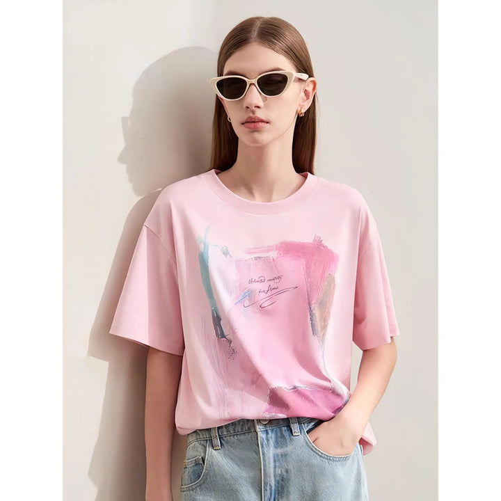 Minimalist Loose O-Neck Abstract Print T-Shirt for Women