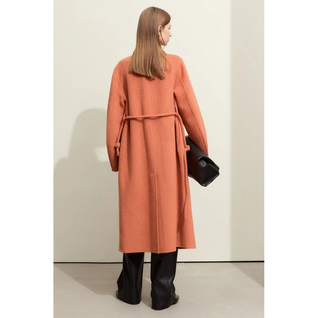 Elegant Autumn Woolen Coat with Chinese Buckle and Waist Rope