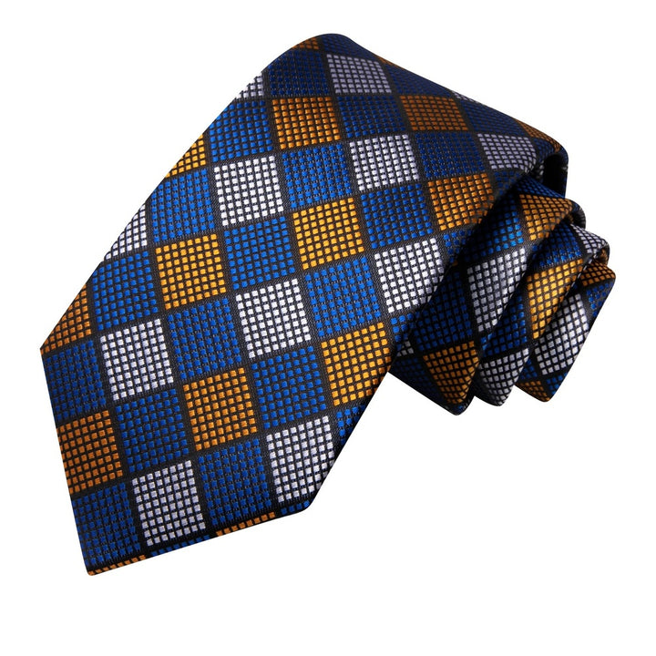 Blue & Gold Plaid Silk Necktie Set for Men