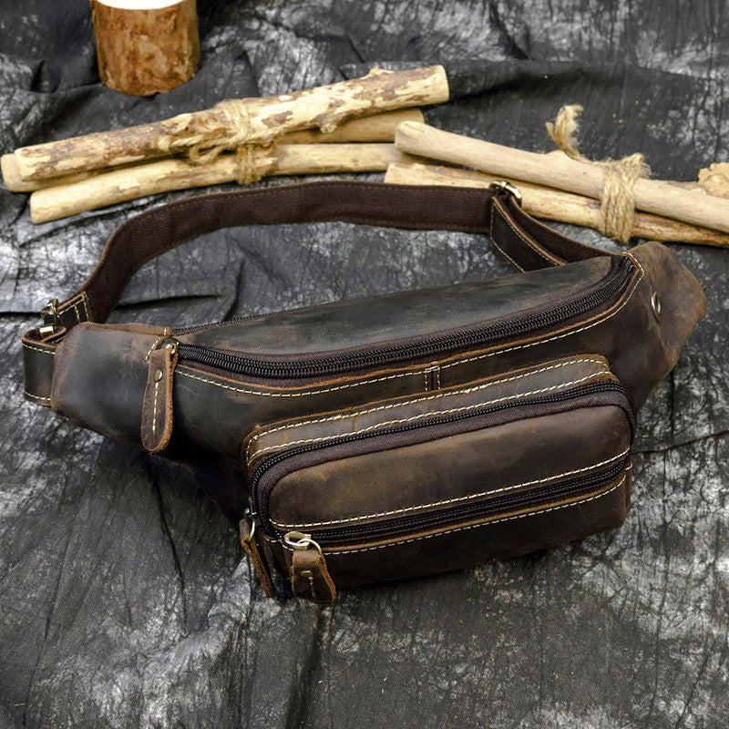 Retro Leather Fanny Pack Men's Crazy Horse Leather Chest Bag