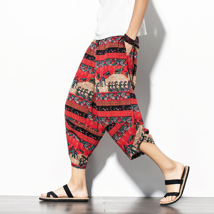 Printed Pants Baggy Cotton And Linen Loose Casual Cropped Pants