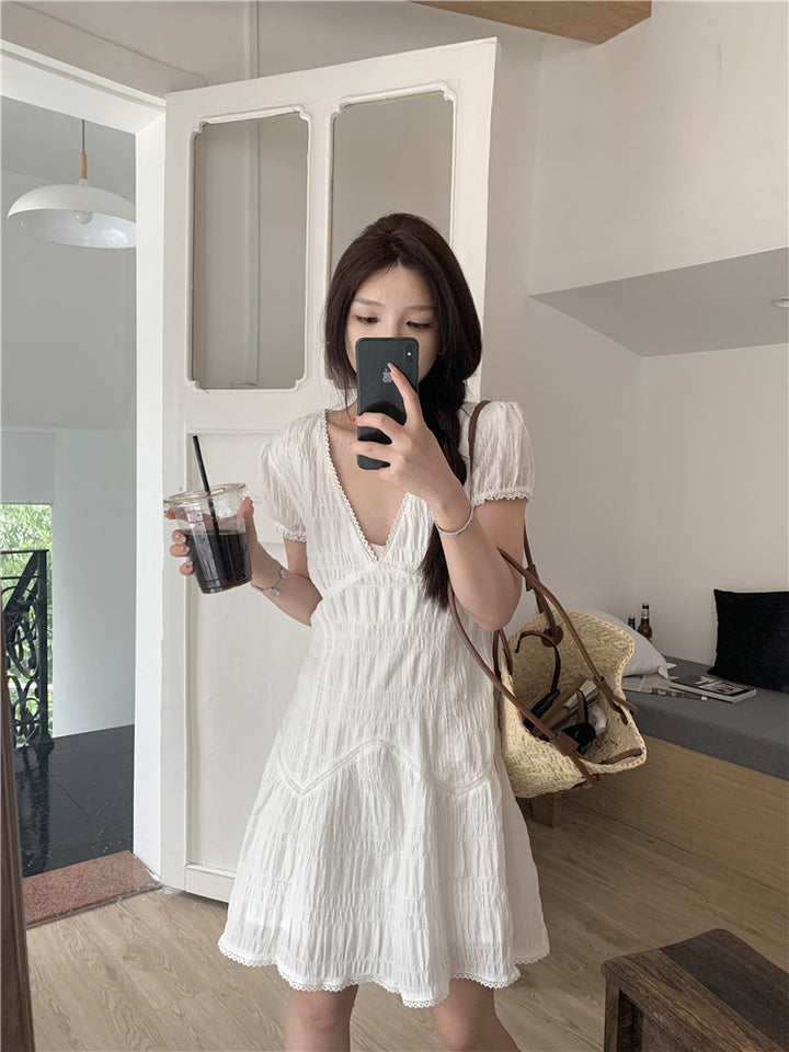 Lace Edge V-neck Pleated White Temperament Dress Women