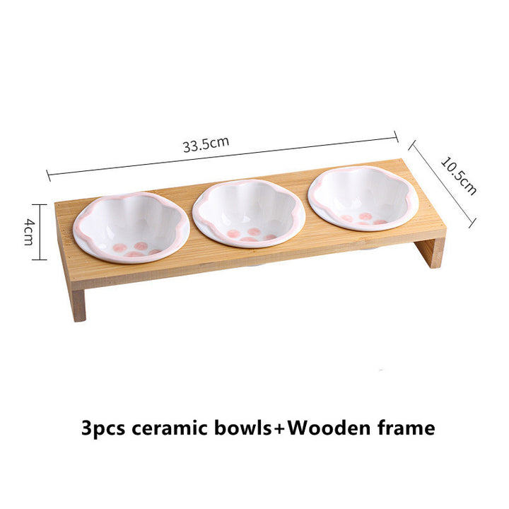 Cartoon Paw Design Raised Pet Bowls with Wooden Stand