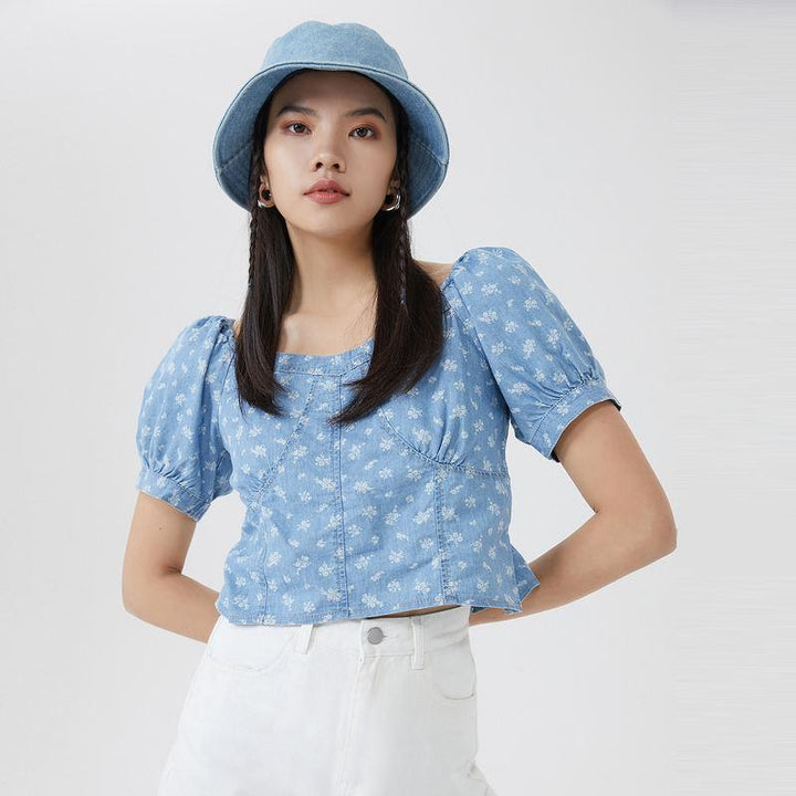 Summer Floral Denim Crop Top with Puff Sleeves
