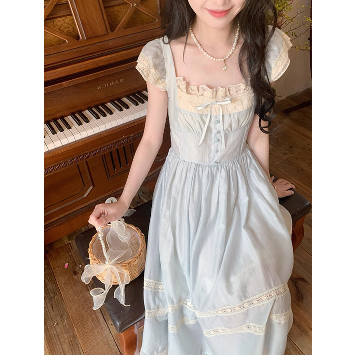 Lace Bow Blue Long Dress Female