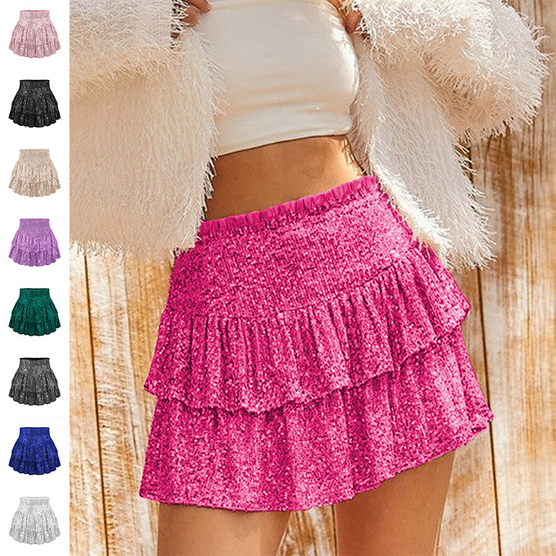 High-Waist Tiered Sequin Mini Skirt