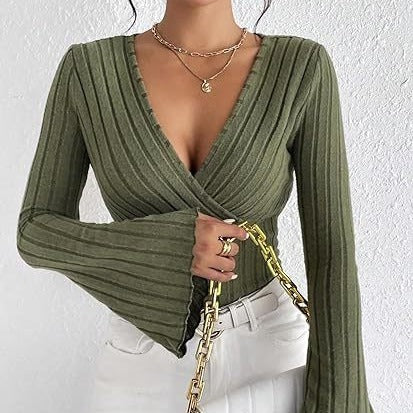 Women's Autumn And Winter Rib Sunken Stripe V-neck Slim-fit Long Sleeve T-shirt Women's Top