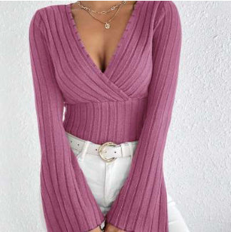 Women's Autumn And Winter Rib Sunken Stripe V-neck Slim-fit Long Sleeve T-shirt Women's Top