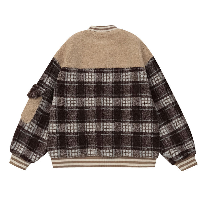 Color Contrast Patchwork Plaid Lamb Wool Coat For Men