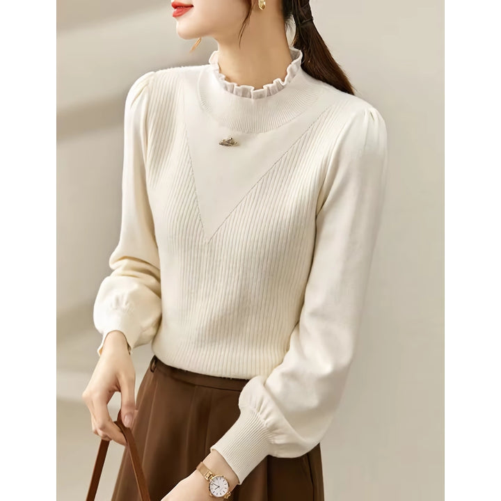 Elegant Puff Sleeve Knit Sweater with Love Brooch