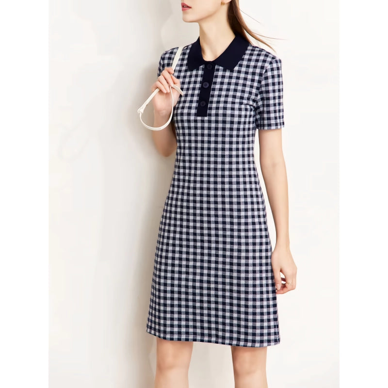 Checkerboard Slim Polo Collar Dress