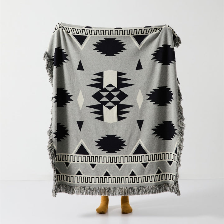 Bohemian Geometric Pattern Blanket with Luxurious Fringes