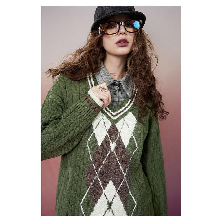 Retro Rhombus Spliced Pullover Sweater