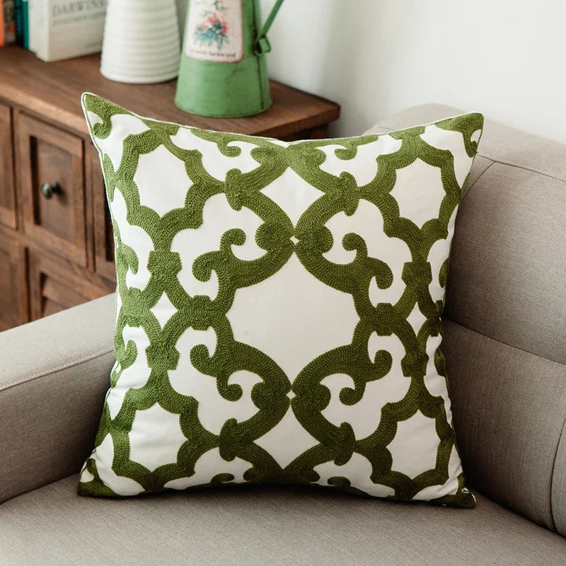 Green Geometric Embroidered Cushion Cover - 18x18 Inches, Cotton Canvas