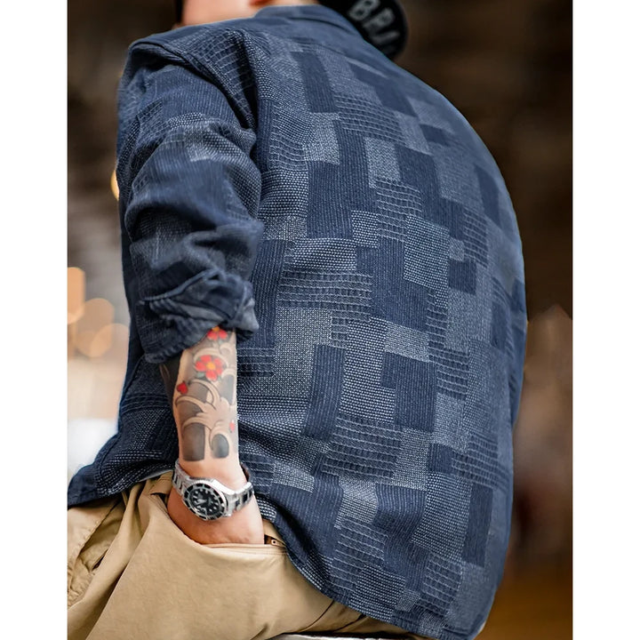 American Retro Jacquard Splicing Denim Shirt