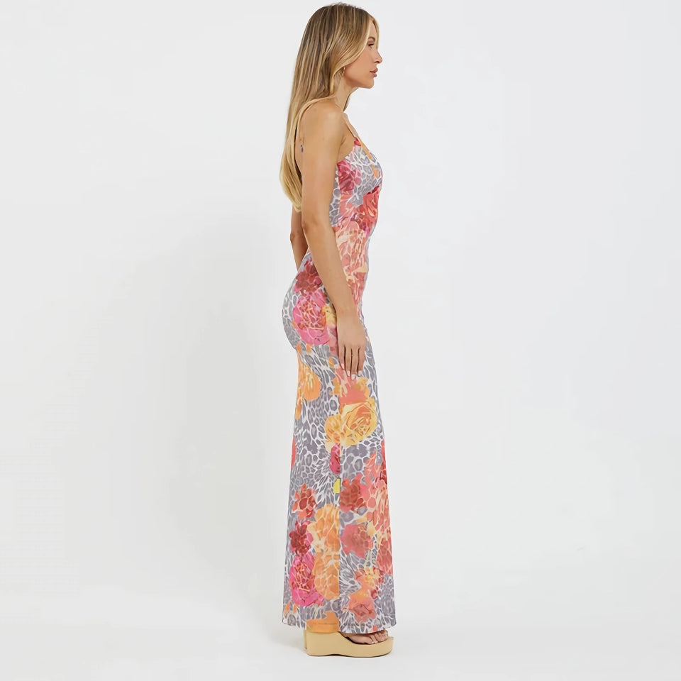 Elegant Spaghetti Strap Printed Maxi Dress - Sexy Backless Long Dress for Summer