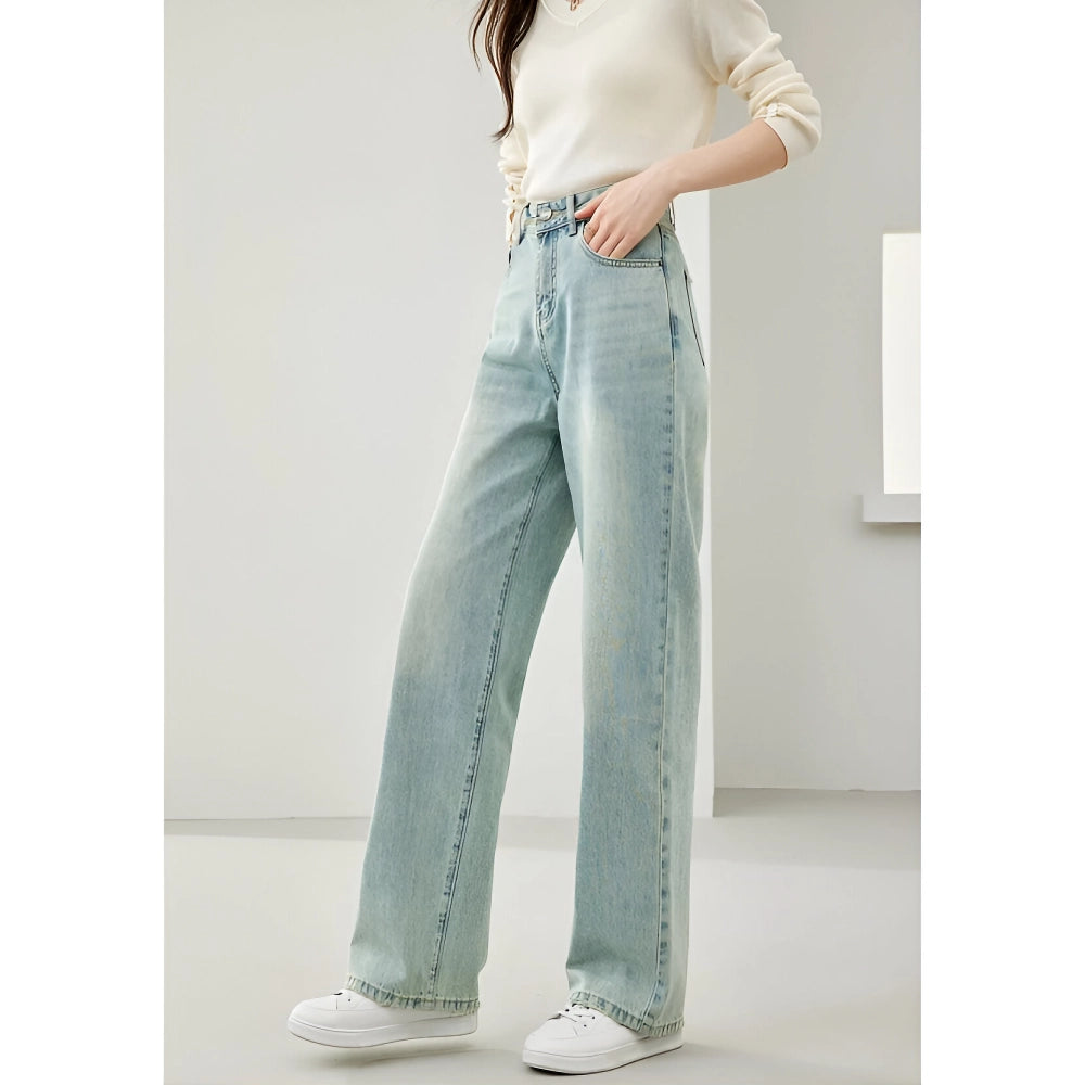 High Waist Wide Leg Denim Pants for Women - Retro Light Blue Casual Trousers