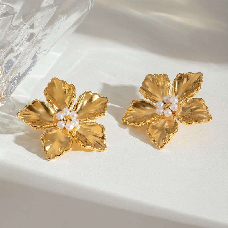 18k Gold Plated Vintage Flower Textured Stainless Steel Statement Earrings