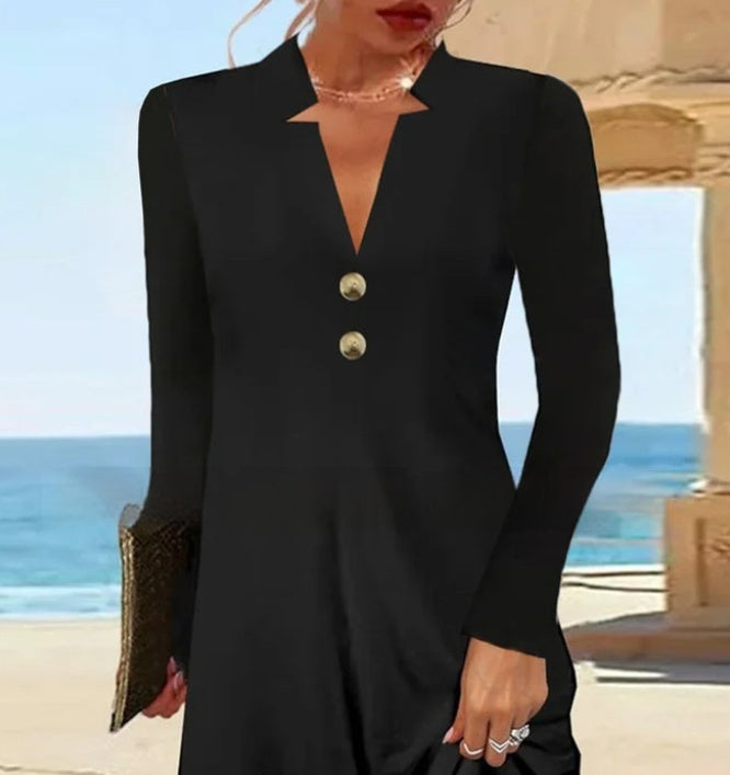 New Long Sleeve V-neck Black Dress All-matching Women