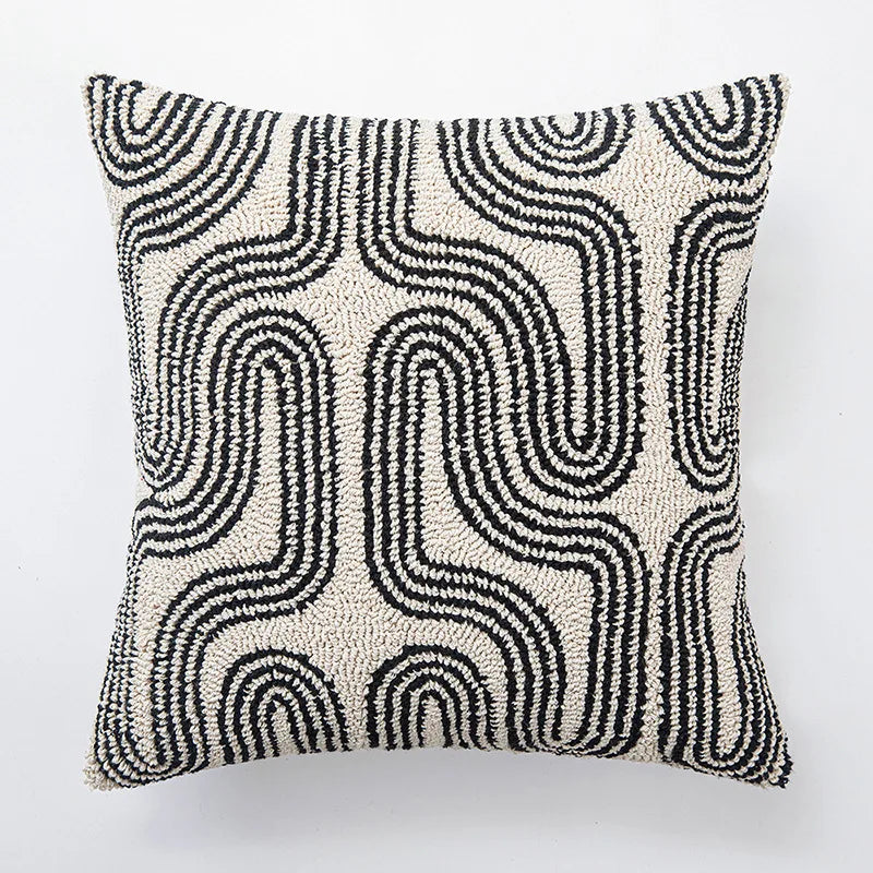 Black and White Geometric Embroidered Cushion Cover - 18x18in Modern Handmade Pillow Cover