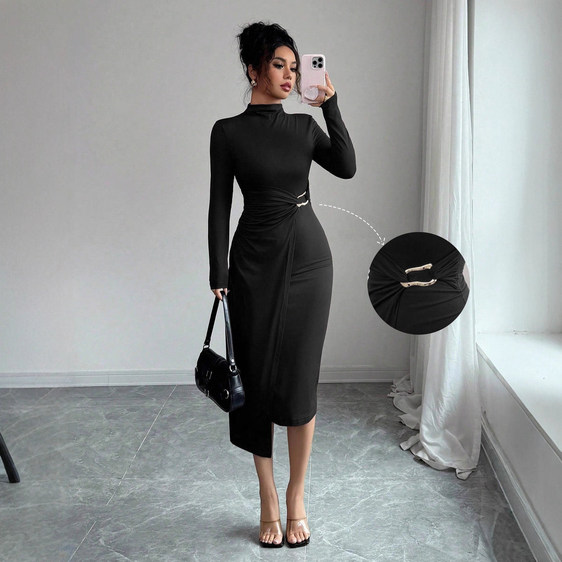 Small Stand-up Collar Knit Solid-color Dress With Metal Buttons