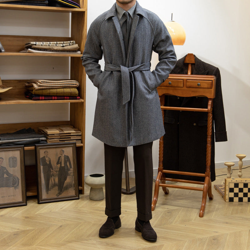 Japanese Leisure Mid-length Coat Herringbone Wool Slim Fit