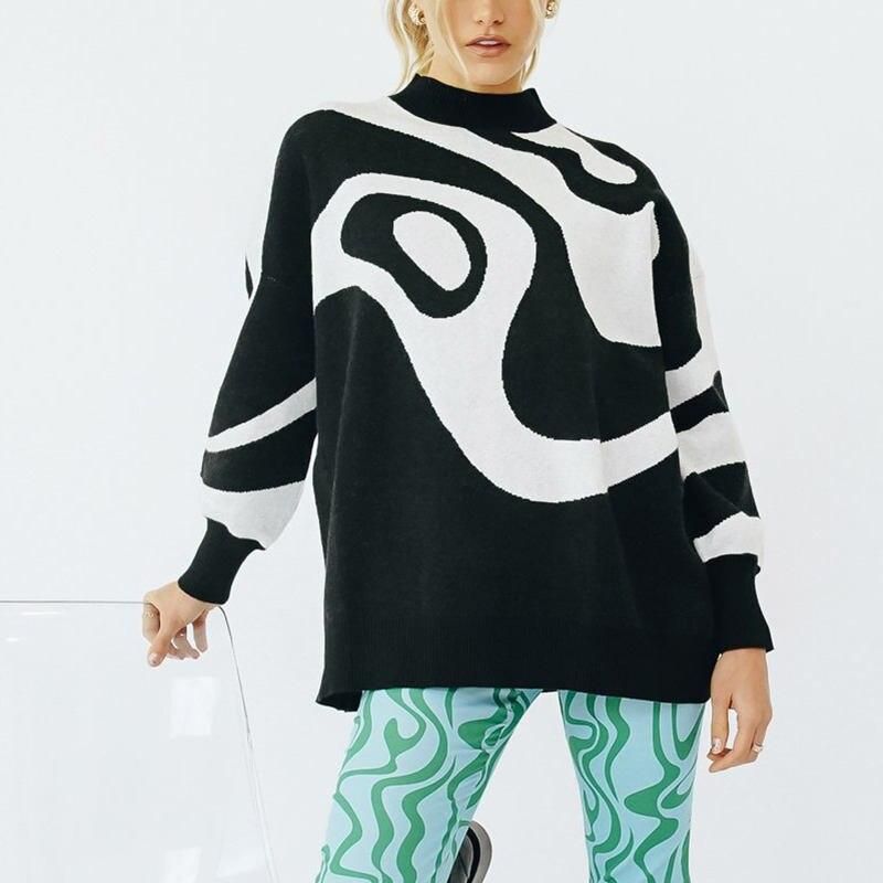 Women's Abstract-Stripe Oversized Mock-Neck Sweater