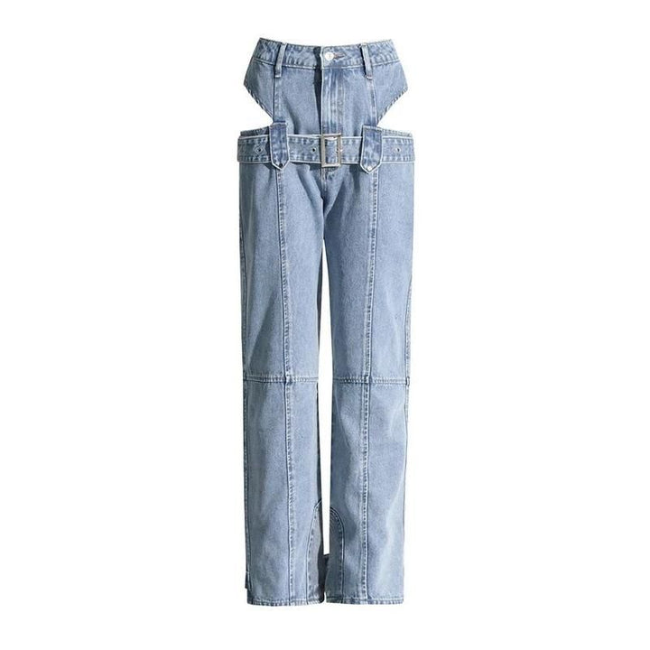 High Waist Casual Straight Denim Trousers with Hollow Out Detail