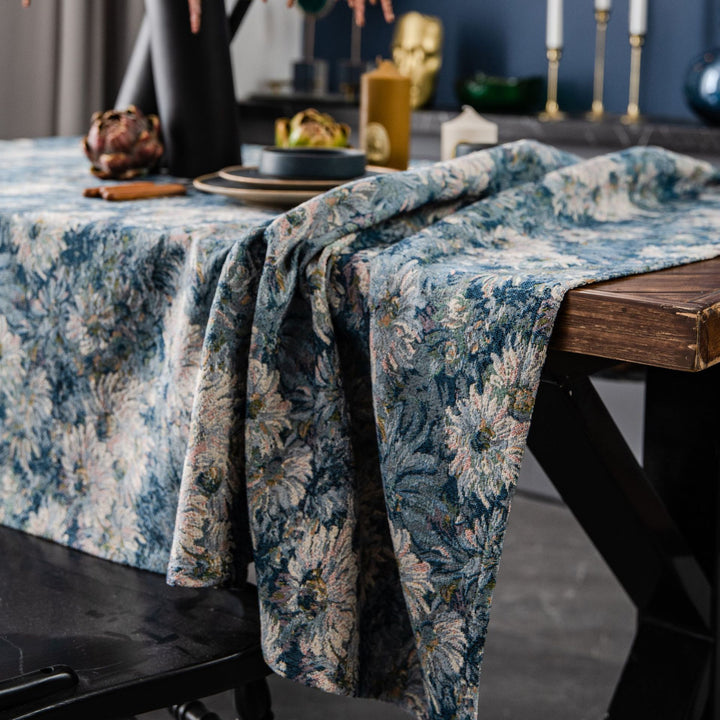 Blue Jacquard Floral Tablecloth - Dustproof Rectangular Cover for Dining and Coffee Tables