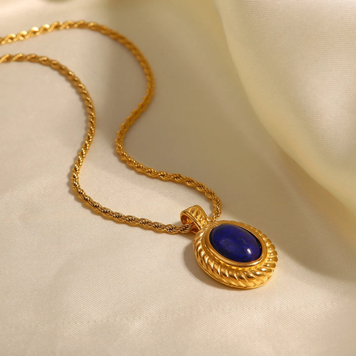 18K Gold Plated Rope Chain Necklace with Oval Lapis Pendant