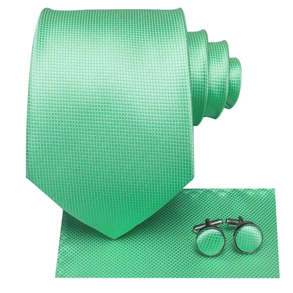 Mint Green Elegant Men's Silk Tie with Handkerchief and Cufflinks Set