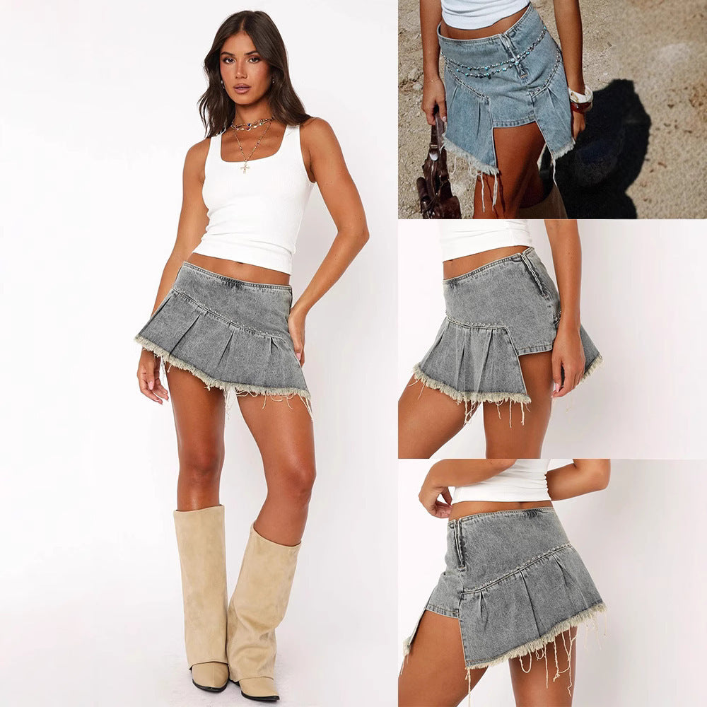 Rivet Irregular Pleated A- Line Women's Denim Skirt