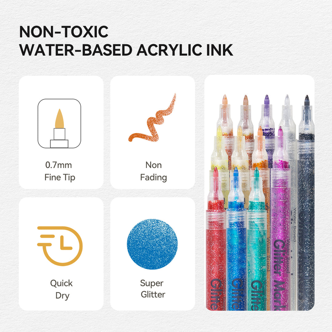 12 Sparkle Color Glitter Acrylic Paint Markers