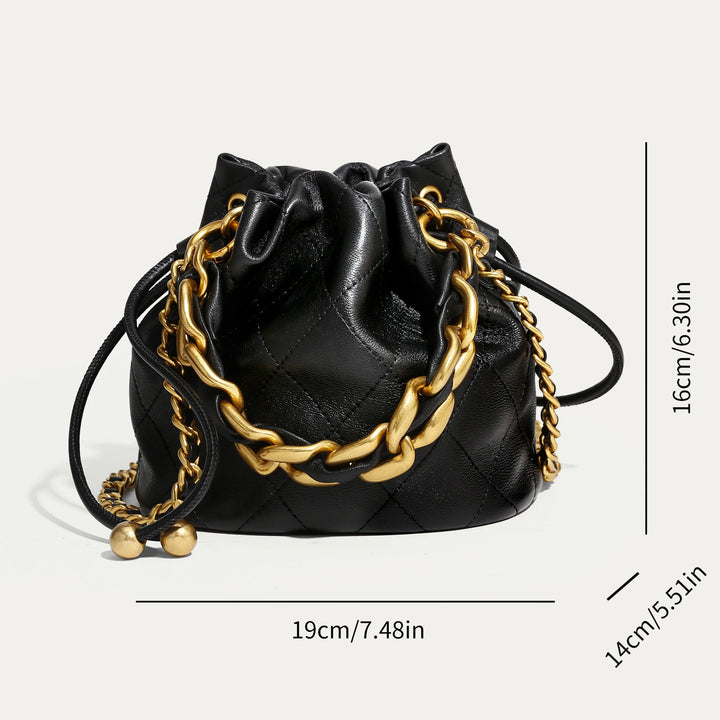 Genuine Leather Quilted Drawstring Bucket Bag