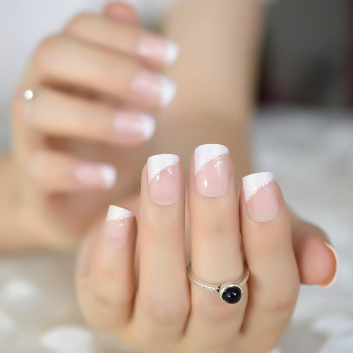 Iridescent White Glitter Short Square French Nails