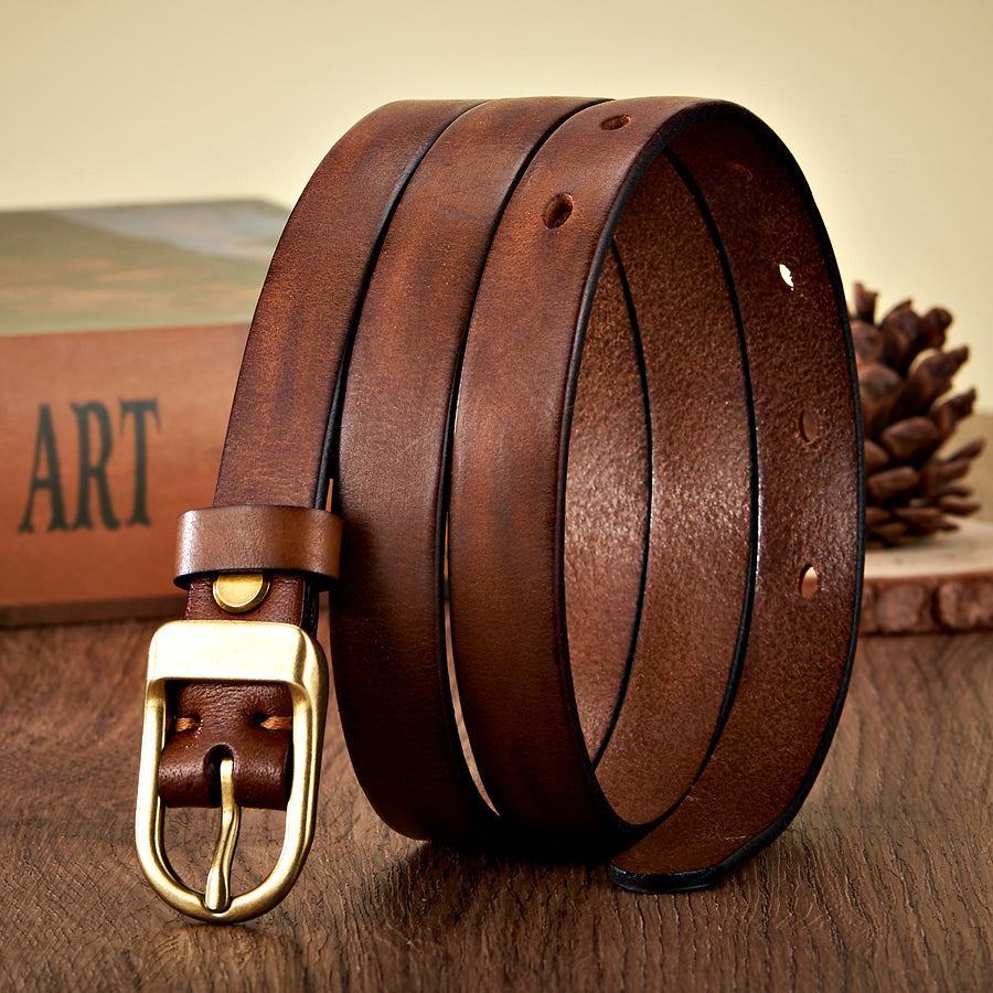 1.8CM Genuine Leather Thin Belt for Women with Copper Buckle