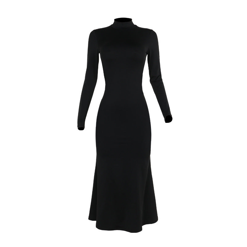 Women's Autumn Hot Girl Backless Half-high Collar Long Sleeves Dress