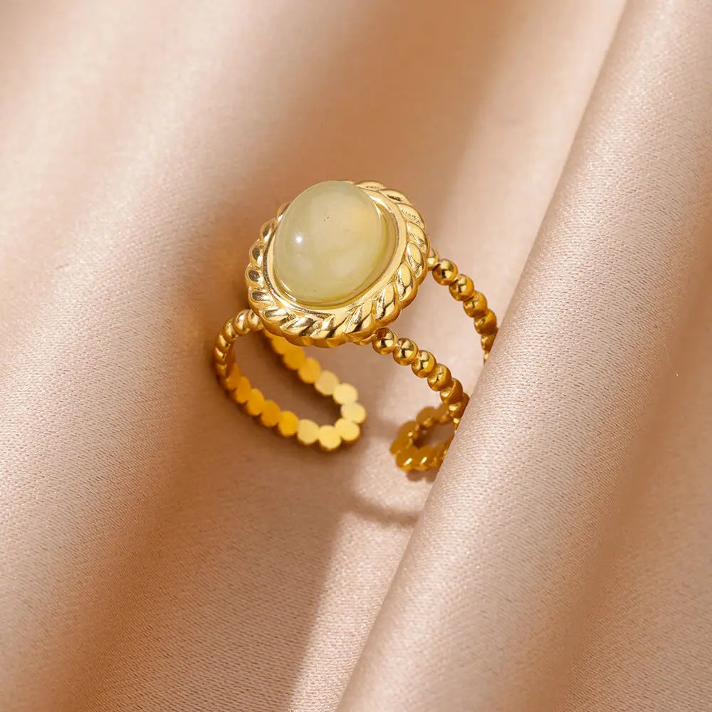 Natural White Opal Rings for Women - Gold Color Stainless Steel Classic Round Stone Couple Band