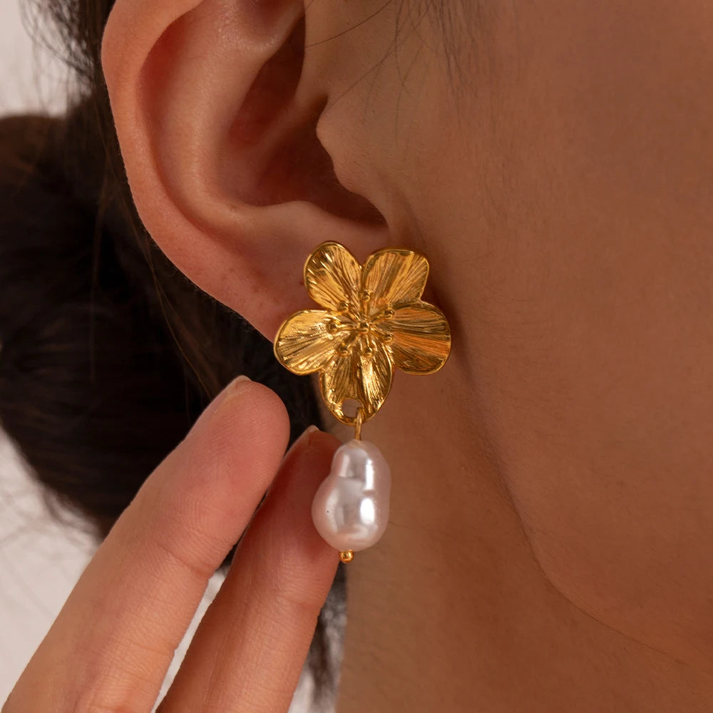 Luxury 18K Gold-Plated Stainless Steel Floral Pearl Drop Earrings