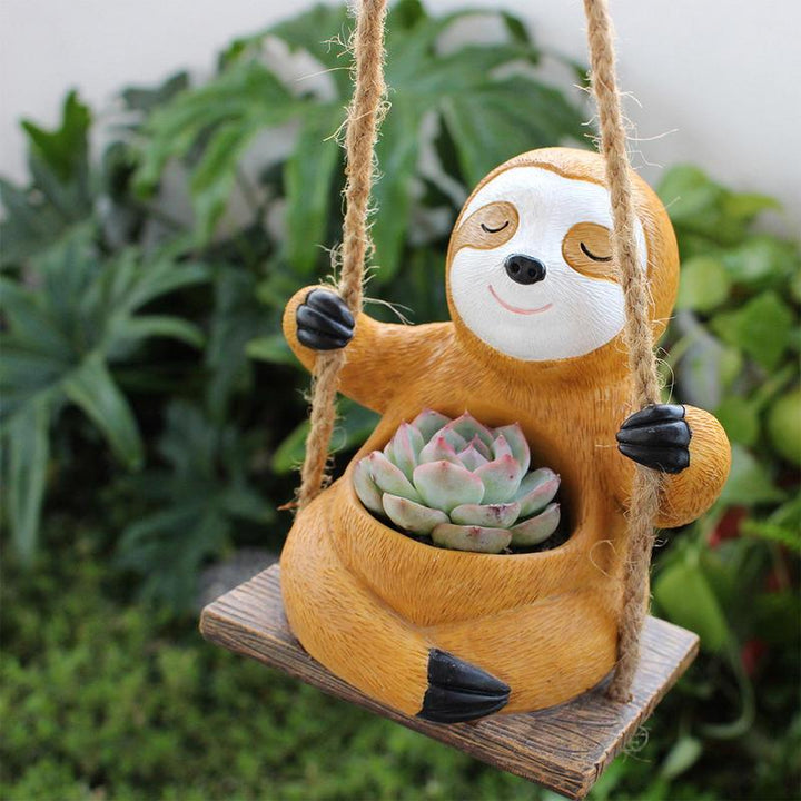 Charming Swing Sloth Planter - Resin Flower Pot for Home & Garden Decor