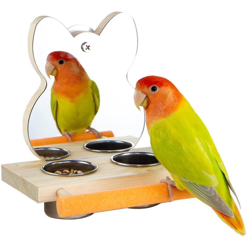 Interactive Parrot Mirror with Feeder Cups