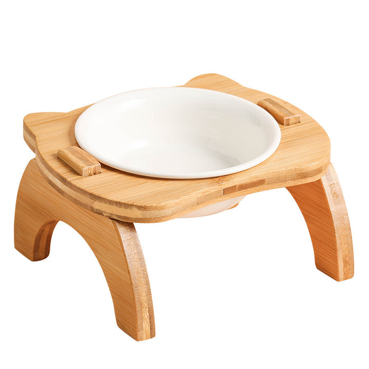 Elevated Bamboo Double Cat and Dog Bowls with Anti-Leak Design