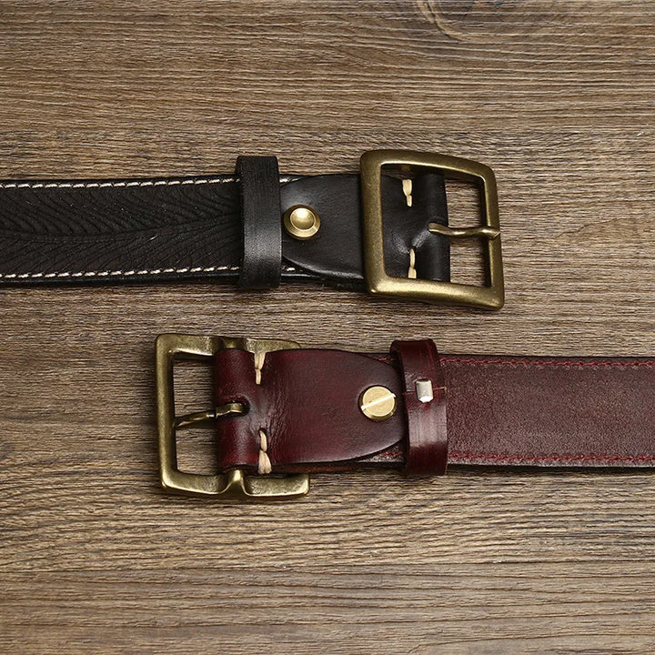 3.8CM Vintage Printed Leather Belt – Copper Buckle Cowhide Strap for Men’s Jeans