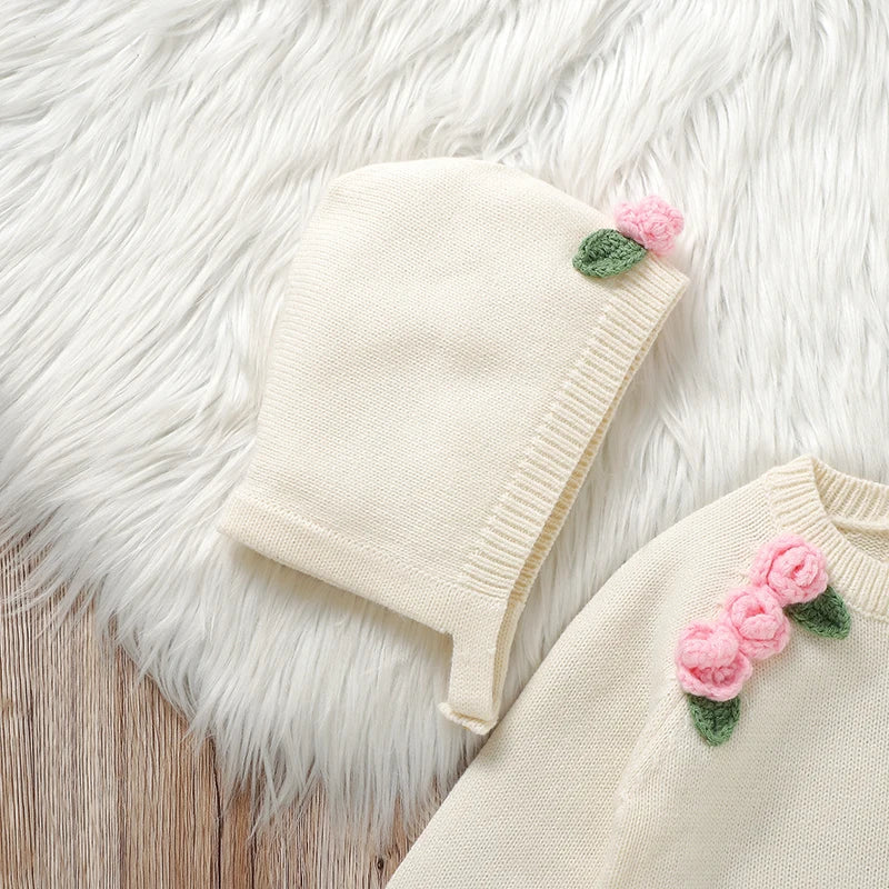 Newborn Baby Girl Long Sleeve Knit Bodysuit with 3D Floral Hat – 2pc Outfit Set