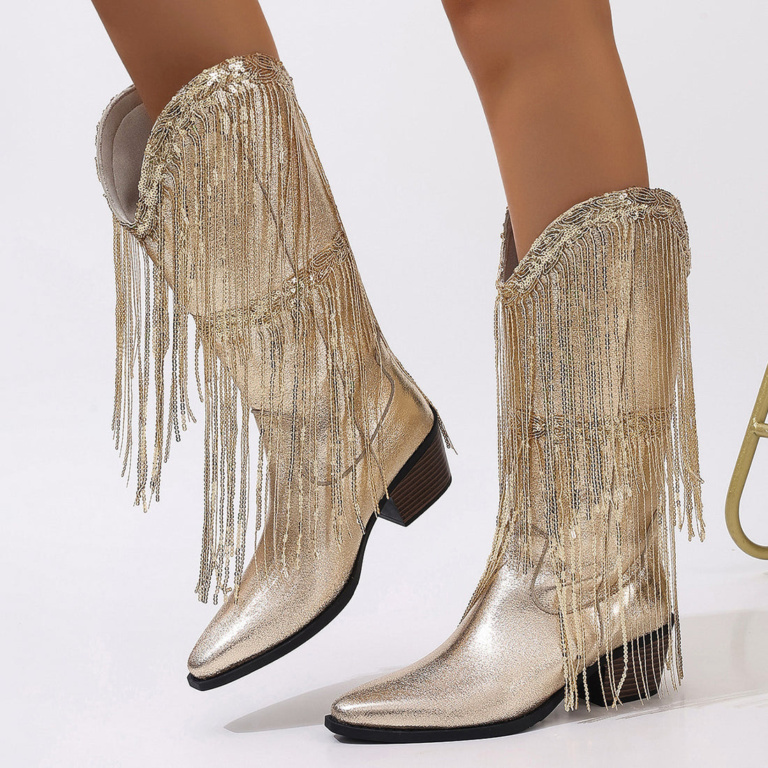 European And American Fashion Middle Fashion Boots Female Retro Chunky Heel Pleated Western Knight