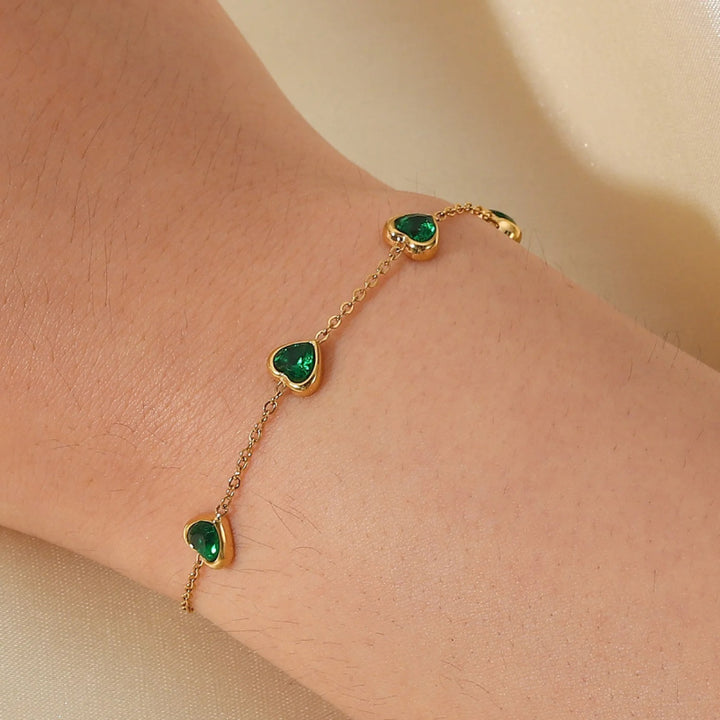 Dainty 14K Gold Plated Multi Green Heart Bracelet