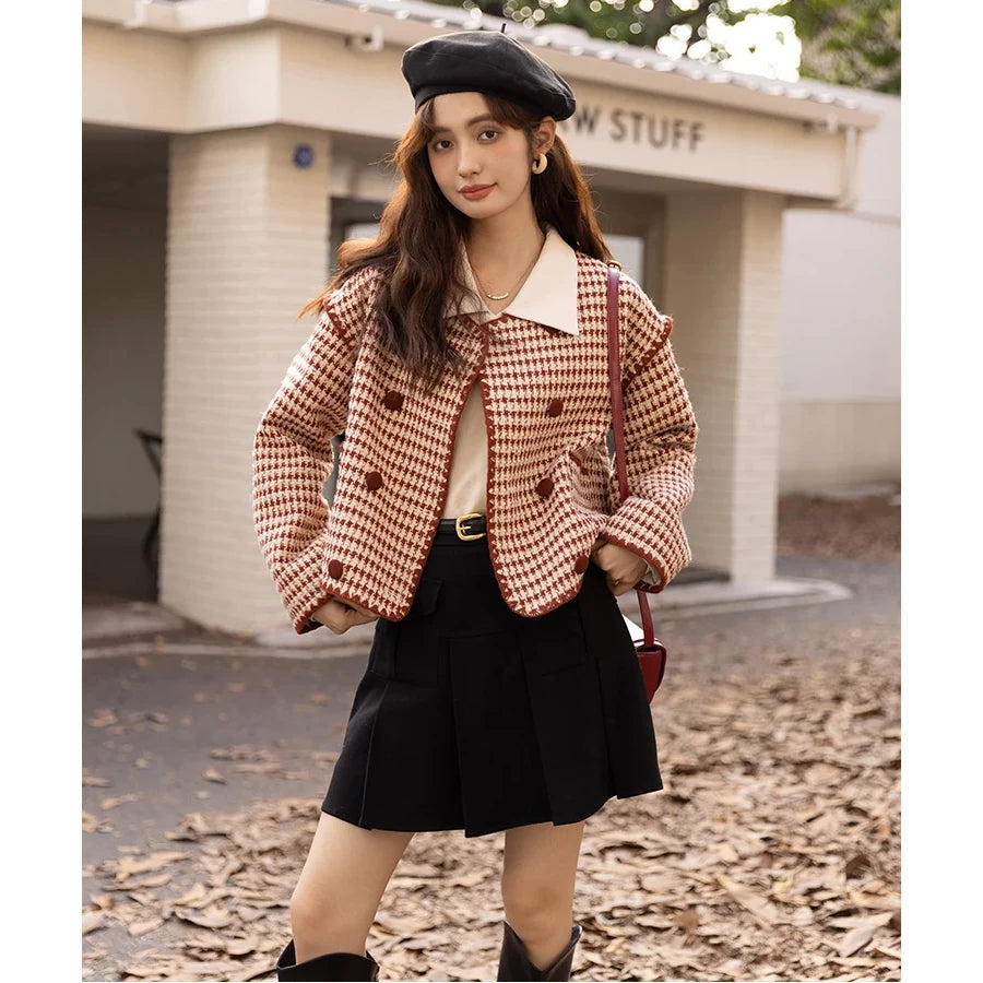 Elegant Plaid Wool Blend Short Coat for Women