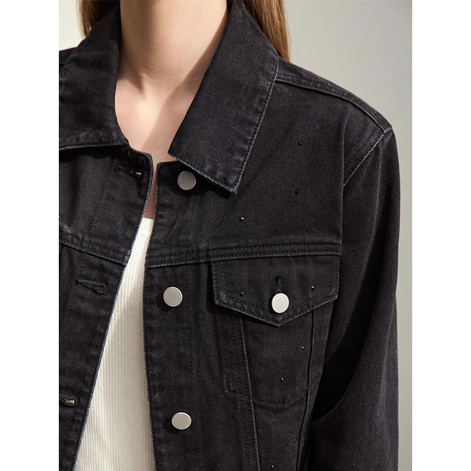 Chic Autumn Short Black Denim Jacket with Turn-down Collar