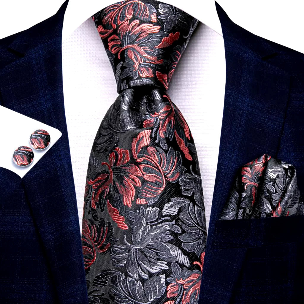 Elegant Floral Black and Red Silk Necktie Set for Men