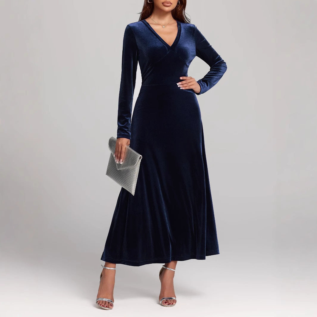 V-neck Long Sleeve Evening Dress Pleuche Dress